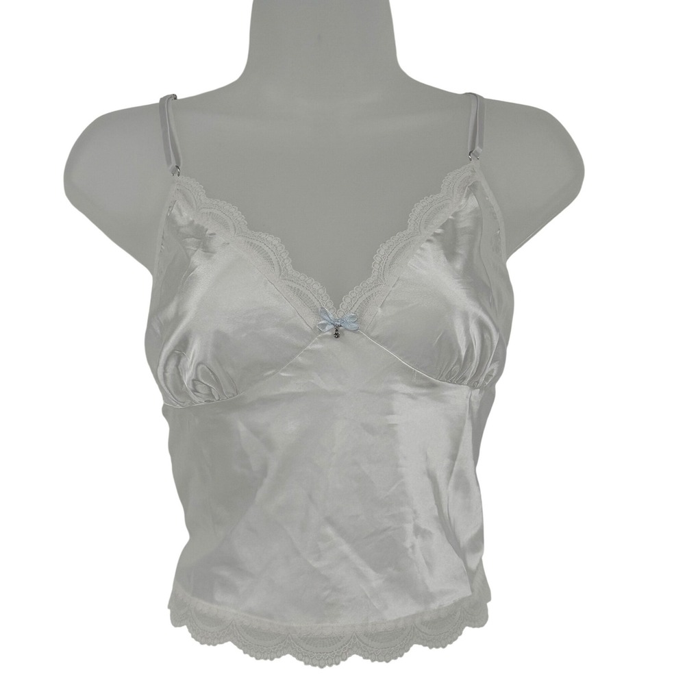 Galina Signature White Satin Lace Trim Camisole Top with Blue Bow Charm S Fairy